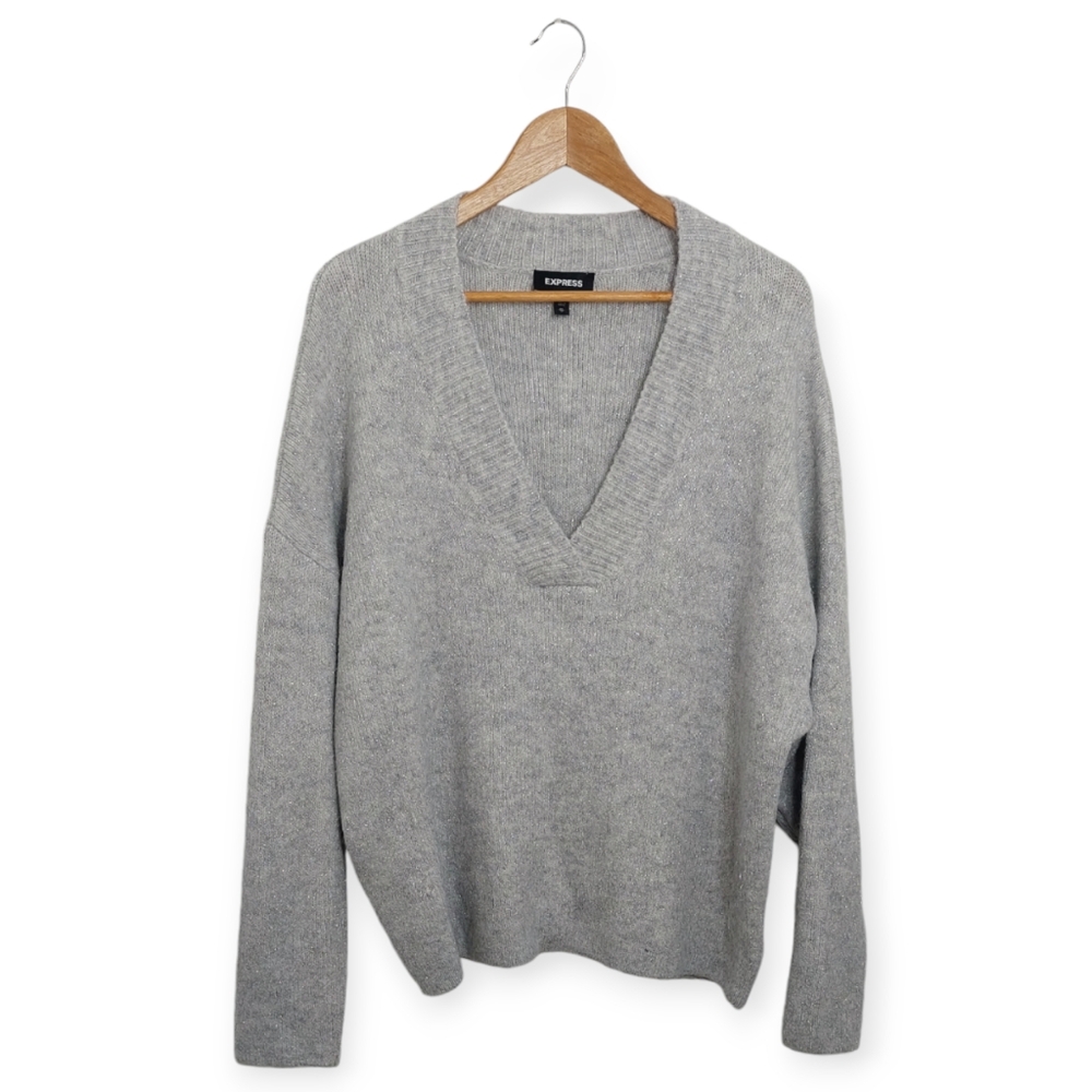 Express Women's Size Medium Sweater Deep V Neck Gray Silver Sparkle Long